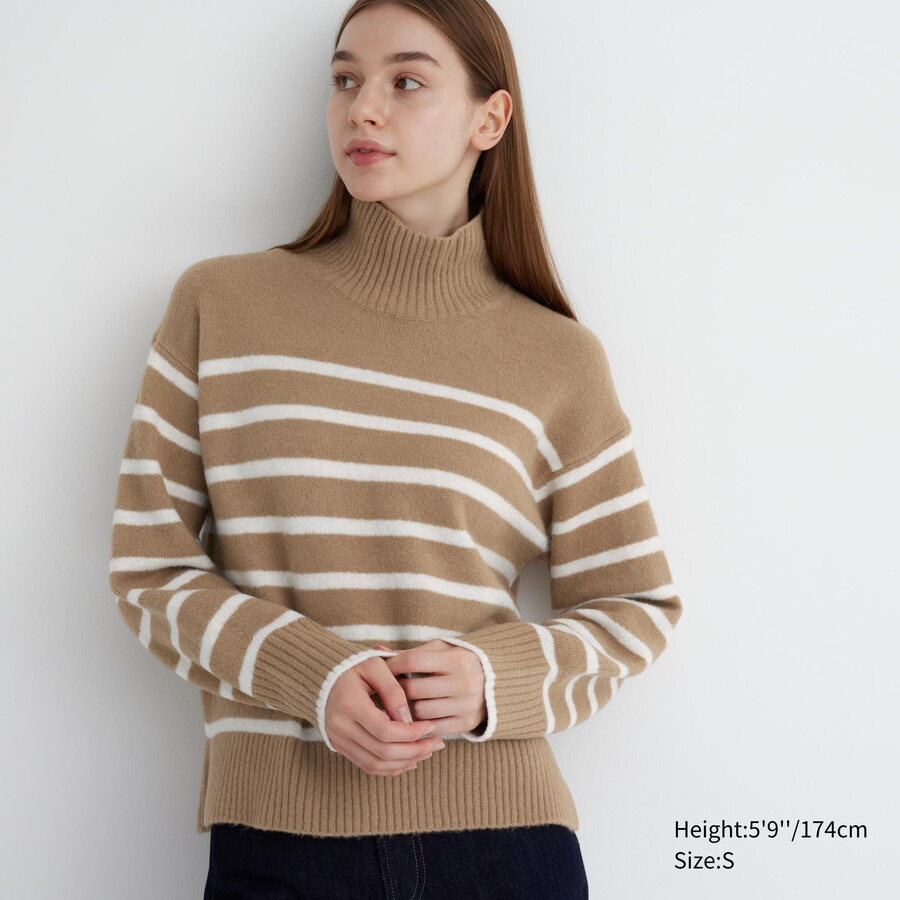 dámské béžové pruhované svetry uniqlo souffle yarn s vysokým výstřihem