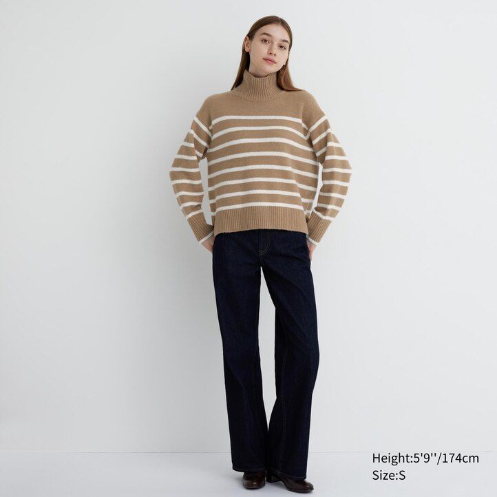 dámské béžové pruhované svetry uniqlo souffle yarn s vysokým výstřihem