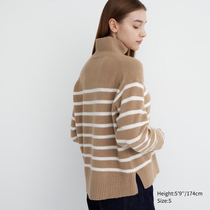 dámské béžové pruhované svetry uniqlo souffle yarn s vysokým výstřihem
