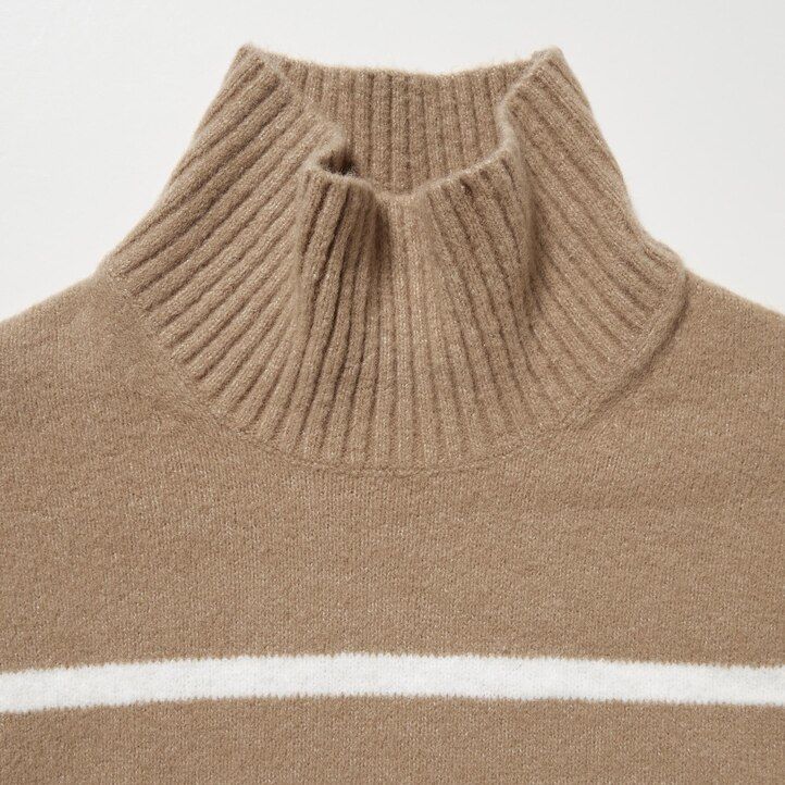 dámské béžové pruhované svetry uniqlo souffle yarn s vysokým výstřihem