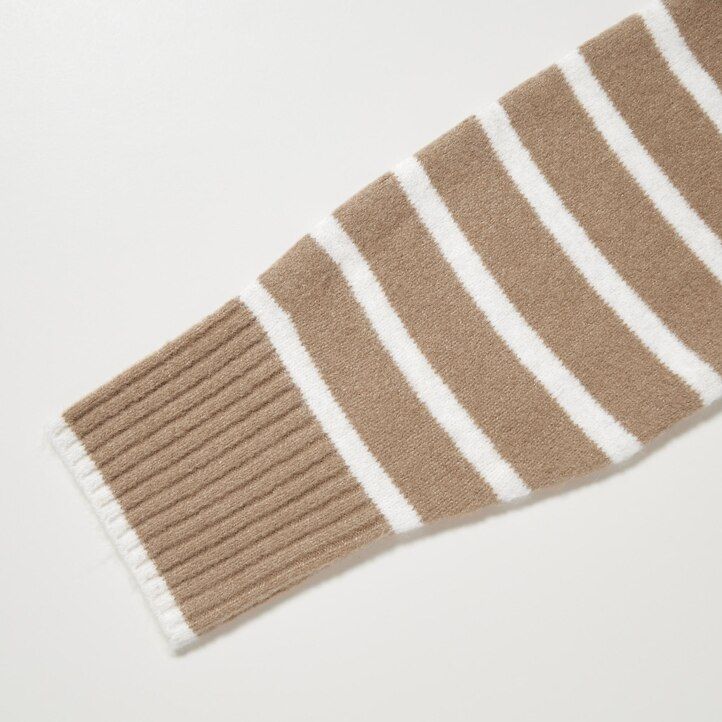 dámské béžové pruhované svetry uniqlo souffle yarn s vysokým výstřihem
