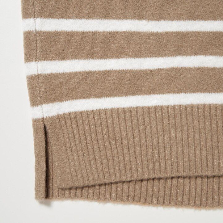 dámské béžové pruhované svetry uniqlo souffle yarn s vysokým výstřihem