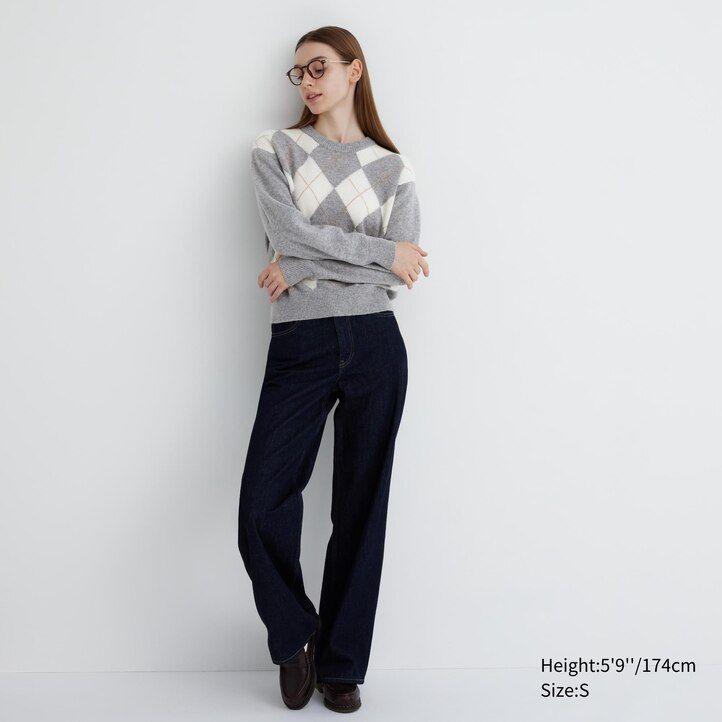 dámské světle šedé svetry uniqlo premium lambswool argyle s kulatým výstřihem