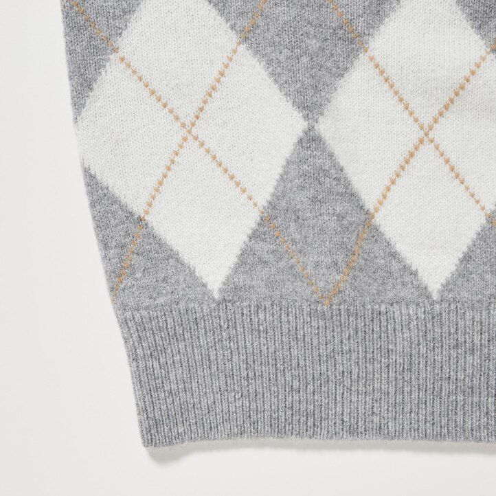 dámské světle šedé svetry uniqlo premium lambswool argyle s kulatým výstřihem