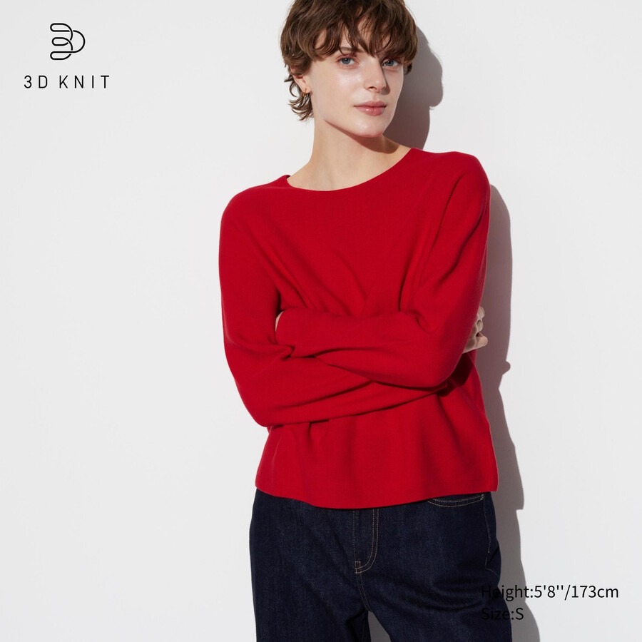 dámský svetr uniqlo 3d knit bezešvý bavlněný kulatý výstřih červený