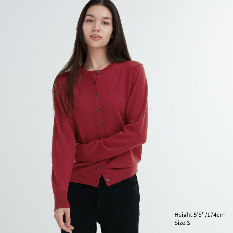 dámský svetr uniqlo 100pct extra fine merino s kulatým výstřihem červený