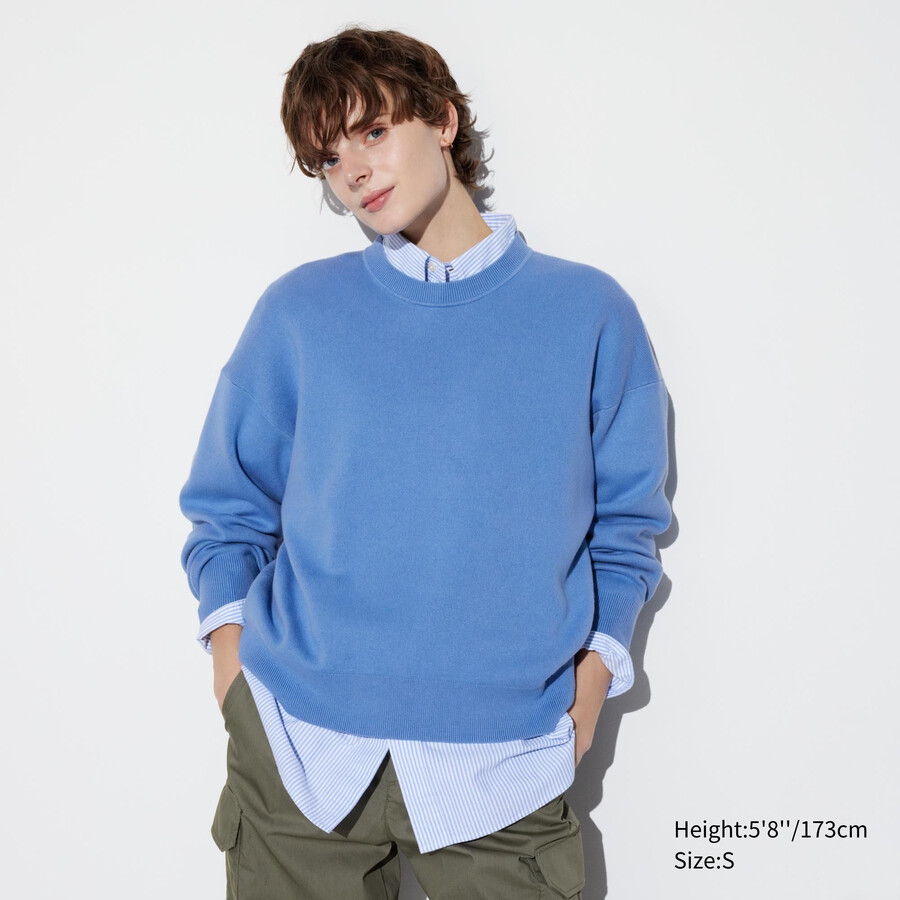 modré dámské svetry uniqlo s kulatým výstřihem z hladké bavlny volného střihu