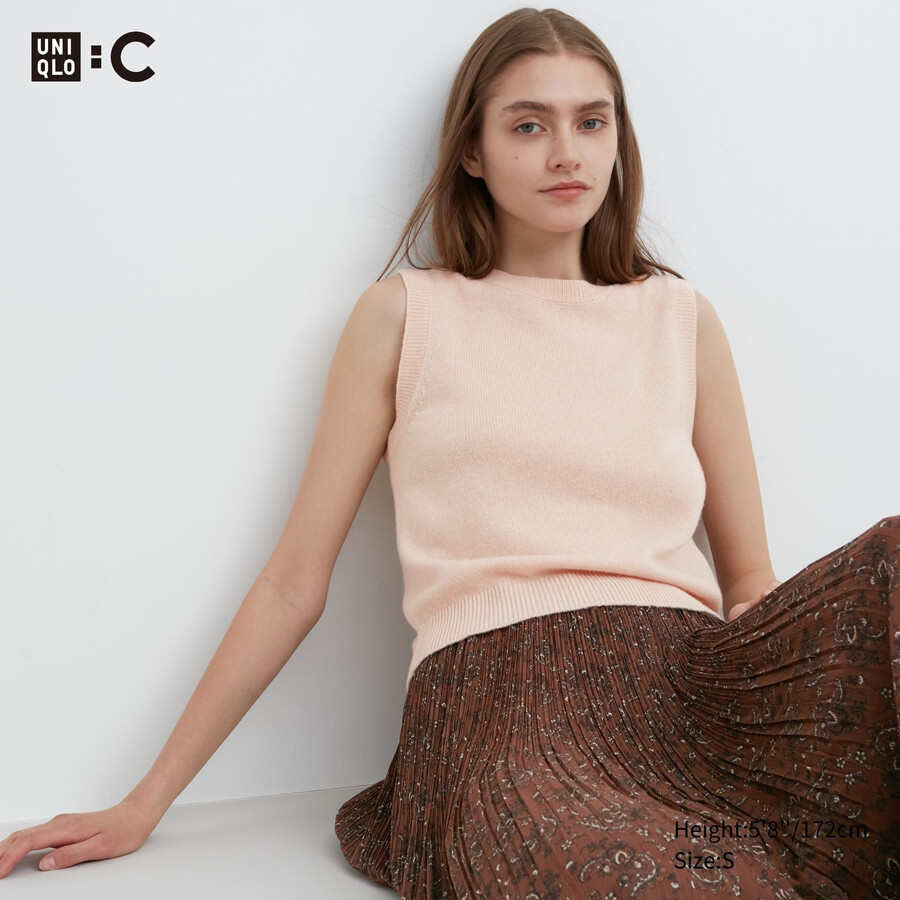 růžový dámský zkrácený svetr uniqlo ze 100 shmeru s kulatým výstřihem