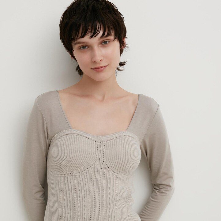 béžové dámské žebrované svetry uniqlo 3d knit bezešvé souffle příze