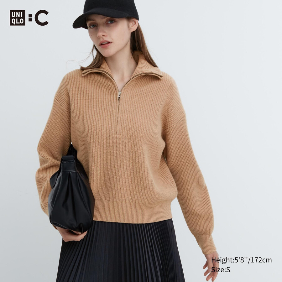 dámské béžové svetry uniqlo premium lambswool s polovičními zipy