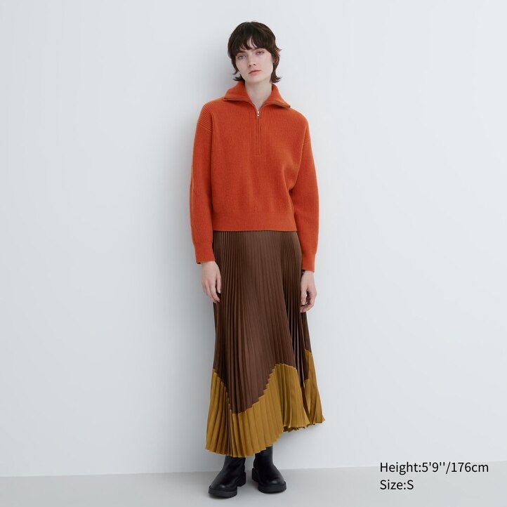 dámské béžové svetry uniqlo premium lambswool s polovičními zipy