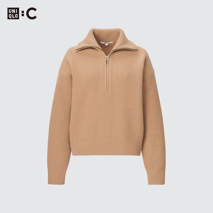 dámské béžové svetry uniqlo premium lambswool s polovičními zipy