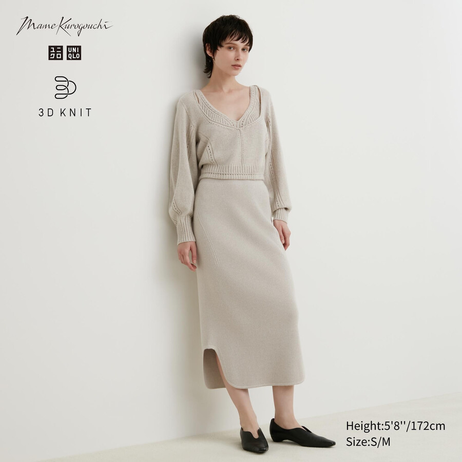 dámské žebrované sukně uniqlo 3d knit bezešvé souffle příze béžové