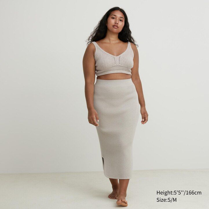 dámské žebrované sukně uniqlo 3d knit bezešvé souffle příze béžové