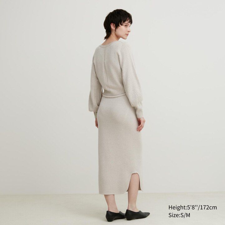dámské žebrované sukně uniqlo 3d knit bezešvé souffle příze béžové