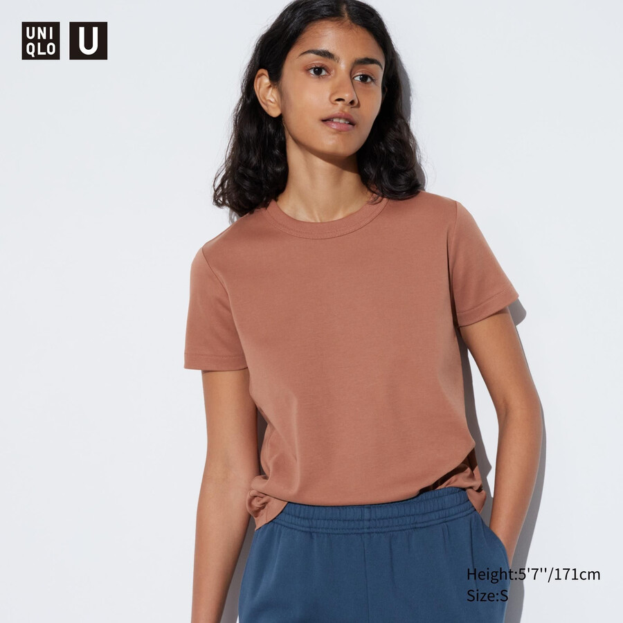 hnědá dámská trička uniqlo uniqlo s kulatým výstřihem do u a rukávy