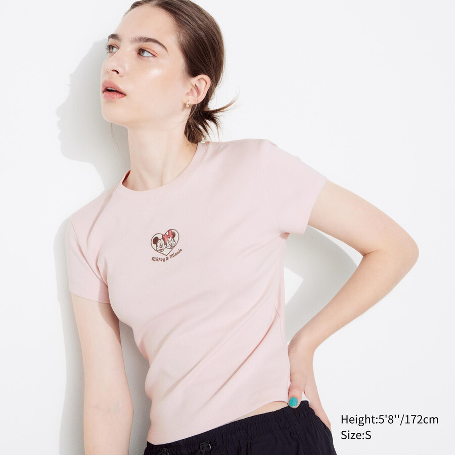 dámská růžová trička uniqlo s grafikou a mini potiskem z kolekce disney