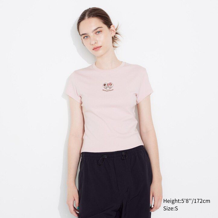 dámská růžová trička uniqlo s grafikou a mini potiskem z kolekce disney