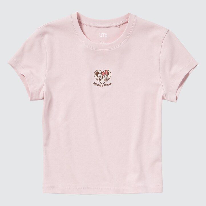 dámská růžová trička uniqlo s grafikou a mini potiskem z kolekce disney