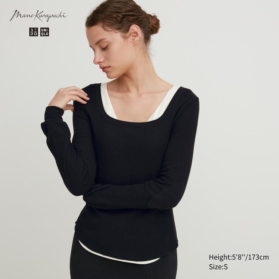 dámské termo tričko uniqlo heattech extra warm s vaflovým vzorem a hranatým výstřihem rukávy a černým potiskem