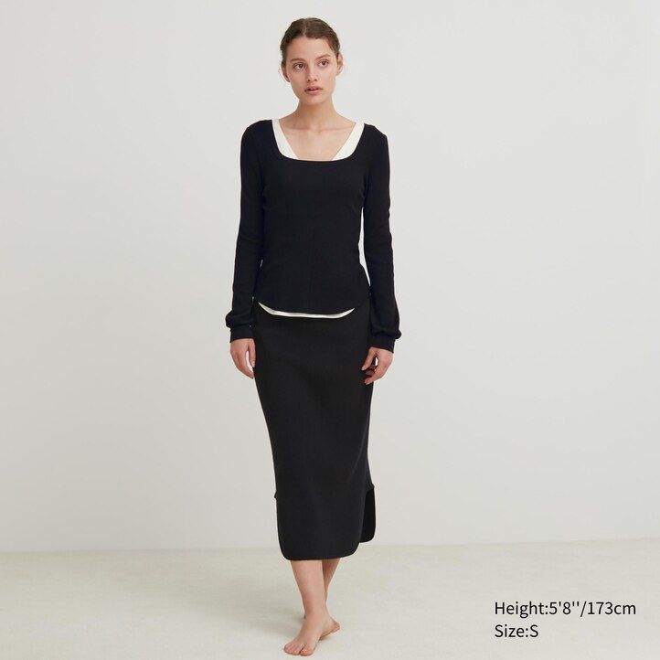 dámské termo tričko uniqlo heattech extra warm s vaflovým vzorem a hranatým výstřihem rukávy a černým potiskem