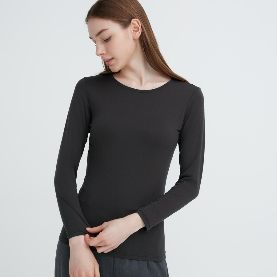 tmavě šedé dámské termo tričko uniqlo heattech s kulatým výstřihem a rukávy