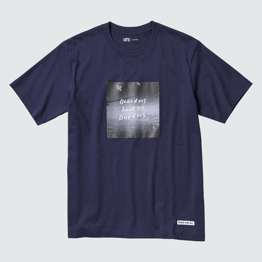 dámská trička uniqlo peace for all s grafikou ayumu hirano v tmavě modré barvě