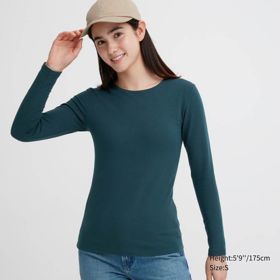 tmavě zelené dámské termo tričko uniqlo heattech extra warm cotton s kulatým výstřihem a rukávy