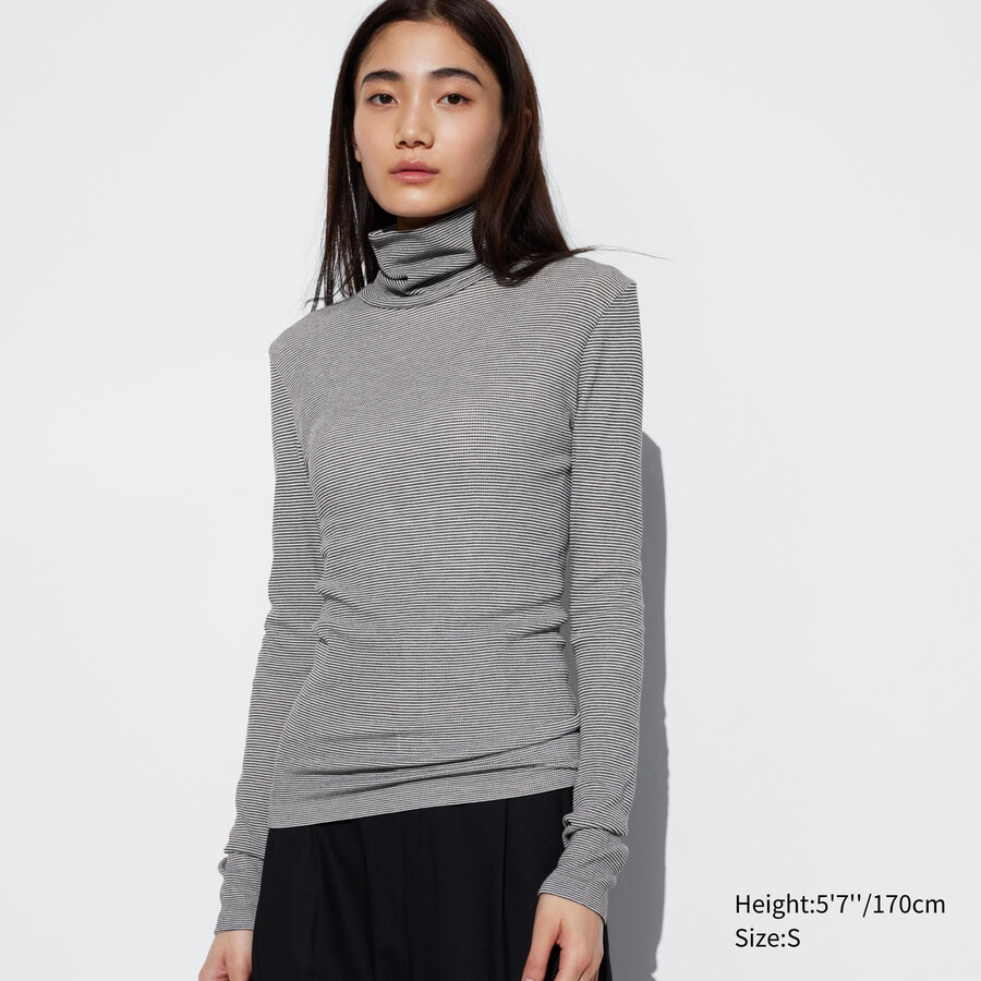 bílé dámské termo tričko uniqlo heattech extra warm s bezešvými žebrovanými pruhovanými rukávy
