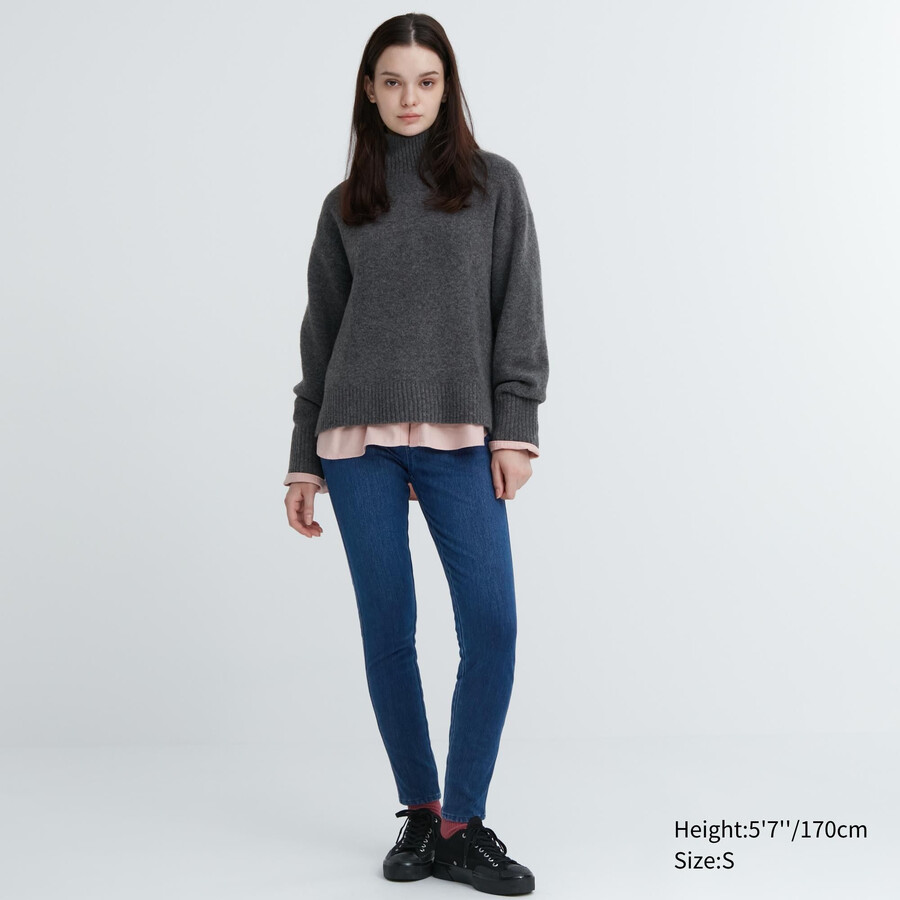 modré dámské ultra strečové džínové topy uniqlo heattech s vysokým pasem