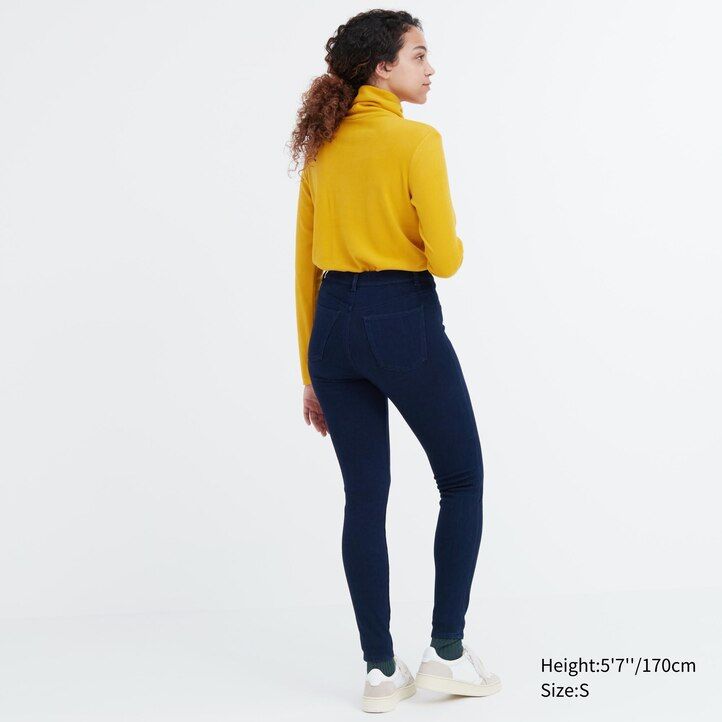 modré dámské ultra strečové džínové topy uniqlo heattech s vysokým pasem