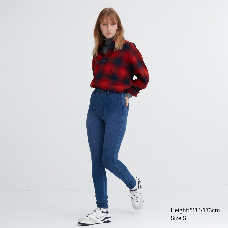 modré dámské ultra strečové džínové topy uniqlo heattech s vysokým pasem